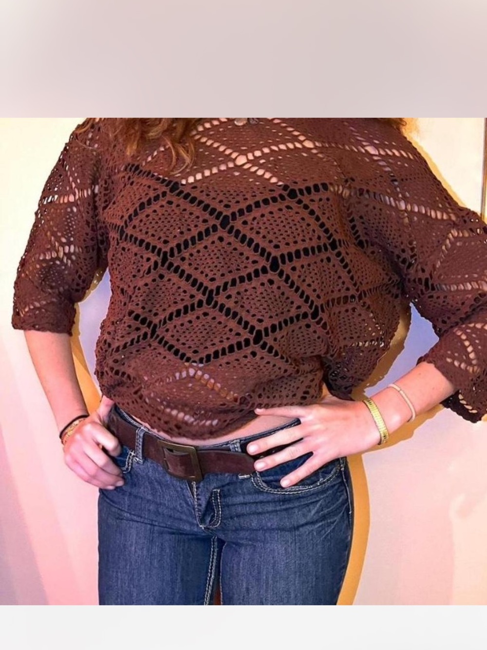Crochet Knit Brown Boho Top